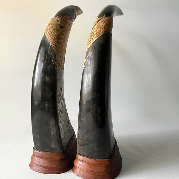 Vintage Hand-Carved Water Buffalo Horn Pair Dragon & Tiger Asian Art Decor - Picture 11 of 11